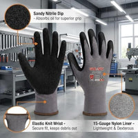 GOL-SIV 15-Gauge Seamless Knit Work Gloves, Micro-Foam Sandy Nitrile Grip for Mechanics & Assembly, Abrasion Resistant, Breathable Open Back Hand Protection (XL, 3 Pairs)