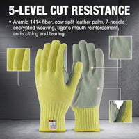 GOL-SIV 5 Pairs Work Gloves Men Medium, 7-Gauge Aramid Knit with Cowhide Leather Palm, Heavy Duty Cut Resistant Safety Gloves for Metal Fabrication, Glass Handling, Construction & Workshop