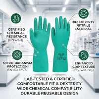 GOL-SIV Heavy Duty Nitrile Chemical Resistant Gloves, Reusable Green Industrial Work with Cotton Flock Lining for Painting, Solvents & Chemical Handling, L, 3 Pairs