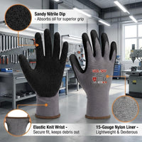 GOL-SIV 15-Gauge Seamless Knit Work Gloves, Micro-Foam Sandy Nitrile Grip for Mechanics & Assembly, Abrasion Resistant, Breathable Open Back Hand Protection (XL, 3 Pairs)