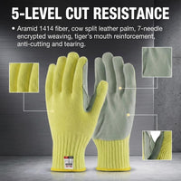 GOL-SIV 2 Pairs Work Gloves Men Medium, 7-Gauge Aramid Knit with Cowhide Leather Palm, Heavy Duty Cut Resistant Safety Gloves for Glass Handling, Metal Fabrication, Construction & Woodworking