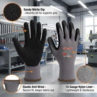 GOL-SIV 12 Pairs Sandy Nitrile Coated Work Gloves, Level 4 Abrasion Resistant, 15-Gauge Breathable Mechanic Gloves for Superior Grip, Warehouse & Construction (XL)