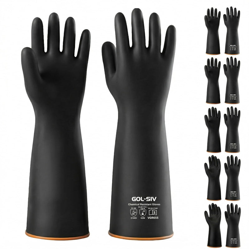 GOL-SIV Heavy Duty Latex Gloves, Chemical Resistant Work Gloves - Waterproof, Resist Acid, Oil, Alkali - Extra Long Industrial Rubber Safety Glove for Sandblasting & Deep Tank, 22in, 6 Pairs