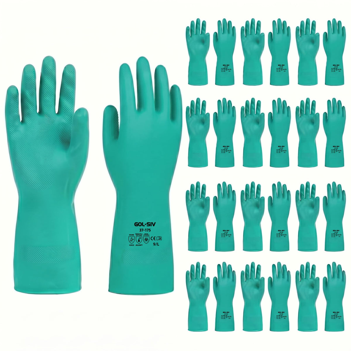 GOL-SIV Nitrile Chemical Resistant Gloves 12 Pairs, 18mil, Reusable Heavy Duty Safety Work Gloves, for Industrial & Cleaning, Acid Alkali Oil Protection, Puncture Resistant, Large