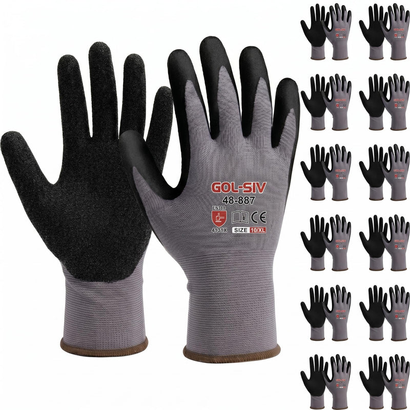 GOL-SIV 12 Pairs Sandy Nitrile Coated Work Gloves, Level 4 Abrasion Resistant, 15-Gauge Breathable Mechanic Gloves for Superior Grip, Warehouse & Construction (XL)