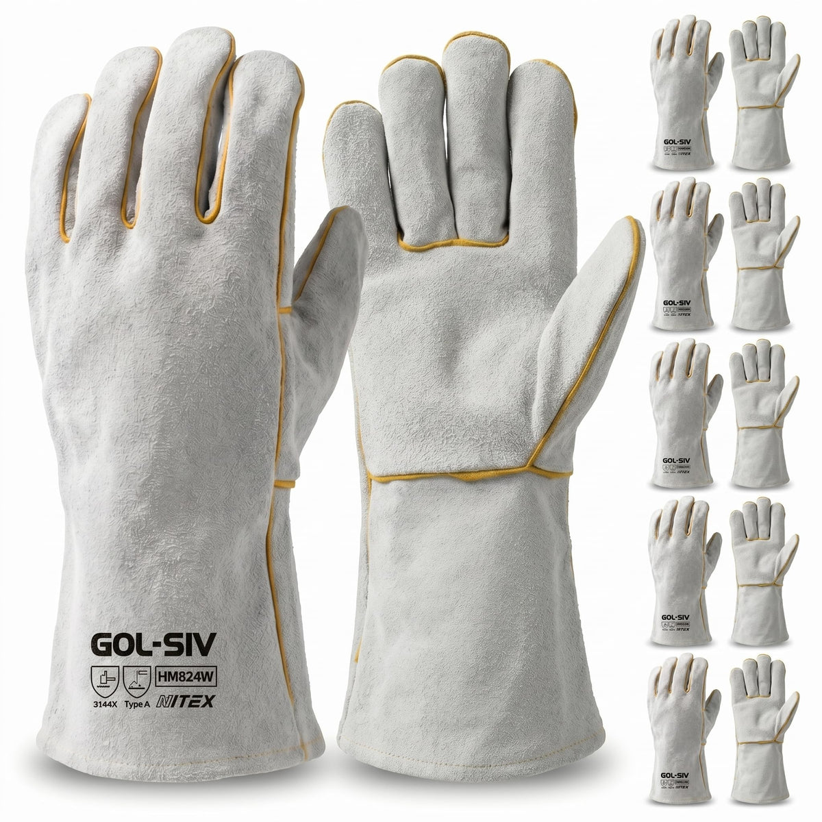GOL-SIV 5 Pairs Professional Welding Gloves for Men, Extreme Heat Resistant Split Cowhide Leather, Kevlar Stitched Long Cuff Work Gloves for Metal Fabrication, Heavy Duty Grinding & Welding