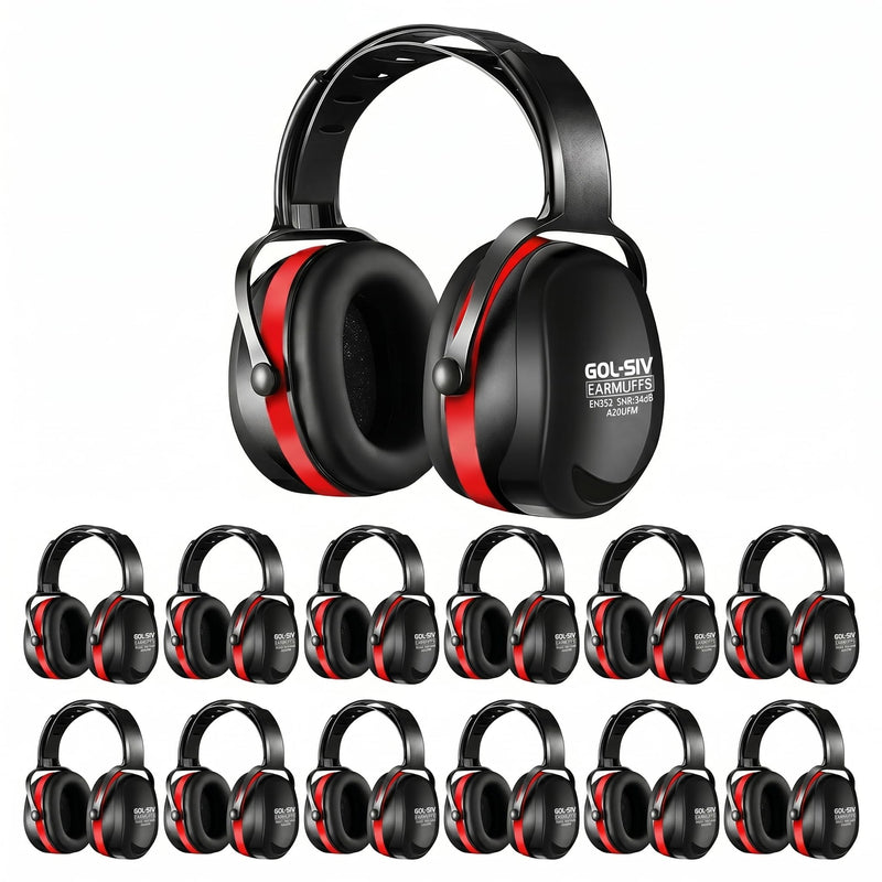GOL-SIV SNR 34dB Noise Reduction Earmuffs 12 Pack, Commercial Grade Ear Protection for Industrial Plant, Factory & Range, Black & Red