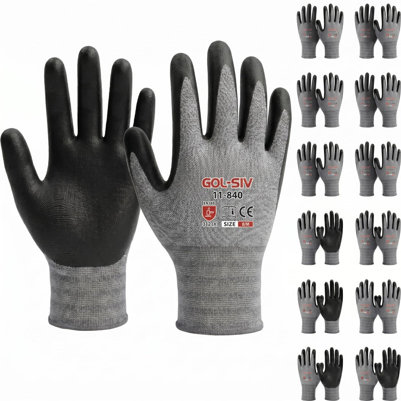 GOL-SIV Work Gloves 12 Pairs, Micro-Foam Nitrile Coated Safety Gloves for Firm Grip, Breathable Seamless High Dexterity Mechanic Gloves for Warehouse, Precision Assembly & DIY (M)