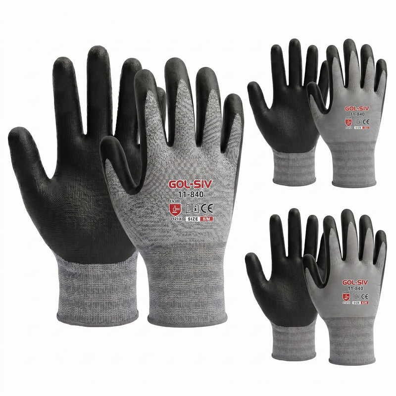 GOL-SIV 15-Gauge Micro-Foam Nitrile Work Gloves for Men and Women, Precision Assembly Utility Gloves, Breathable Snug Fit, Oil Resistant Grip, 3 Pairs, Size M