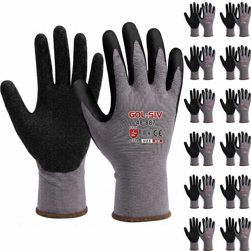 GOL-SIV 12 Pairs Sandy Nitrile Coated Work Gloves, Level 4 Abrasion Resistant, 15-Gauge Breathable Safety Gloves for Warehouse, Mechanic & Gardening (M)