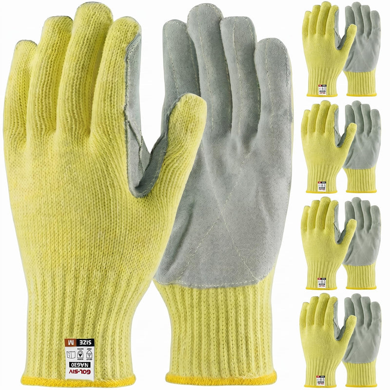 GOL-SIV 5 Pairs Work Gloves Men Medium, 7-Gauge Aramid Knit with Cowhide Leather Palm, Heavy Duty Cut Resistant Safety Gloves for Metal Fabrication, Glass Handling, Construction & Workshop