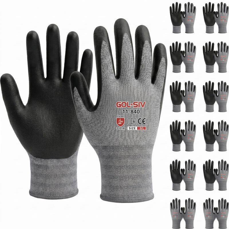 GOL-SIV Work Gloves 12 Pairs, Foam Nitrile Coated Palm for Firm Oil Grip, Breathable Seamless Mechanic Gloves, Abrasion Resistant Safety Work Gear for Warehouse, Auto Repair & DIY (L)