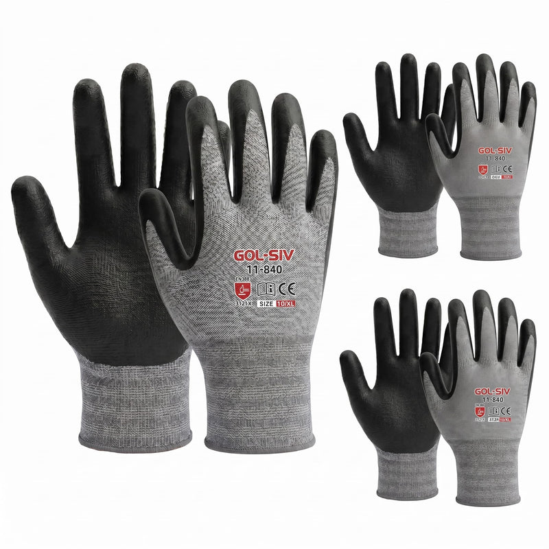 GOL-SIV 15-Gauge Micro-Foam Nitrile Work Gloves for Men, High Dexterity Mechanic Gloves, Breathable Flexible Fit, Excellent Oil Grip, 3 Pairs (XL)