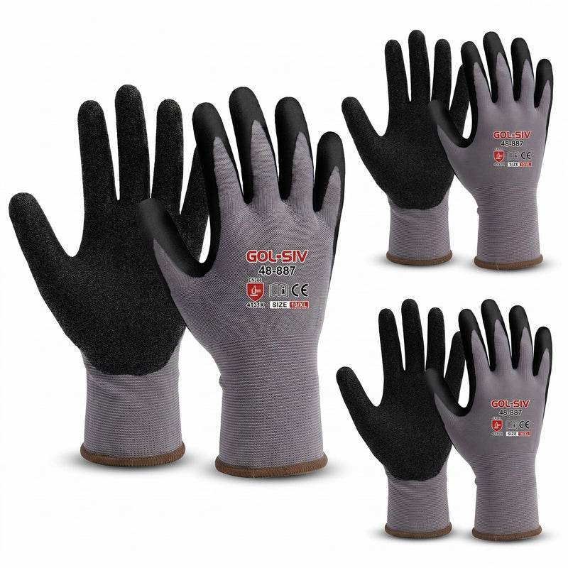 GOL-SIV 15-Gauge Seamless Knit Work Gloves, Micro-Foam Sandy Nitrile Grip for Mechanics & Assembly, Abrasion Resistant, Breathable Open Back Hand Protection (XL, 3 Pairs)