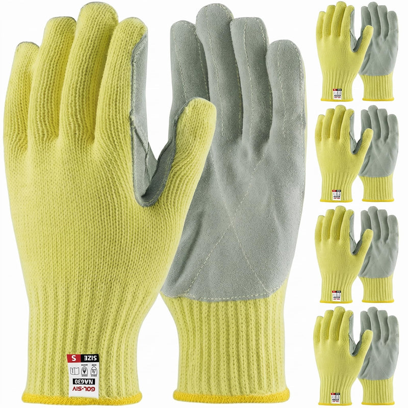 GOL-SIV 5 Pairs Work Gloves Women & Men Small, 7-Gauge Aramid Knit with Cowhide Leather Palm, Heavy Duty Cut Resistant Safety Gloves for Glass Handling, Metal Fabrication, Construction & Workshop