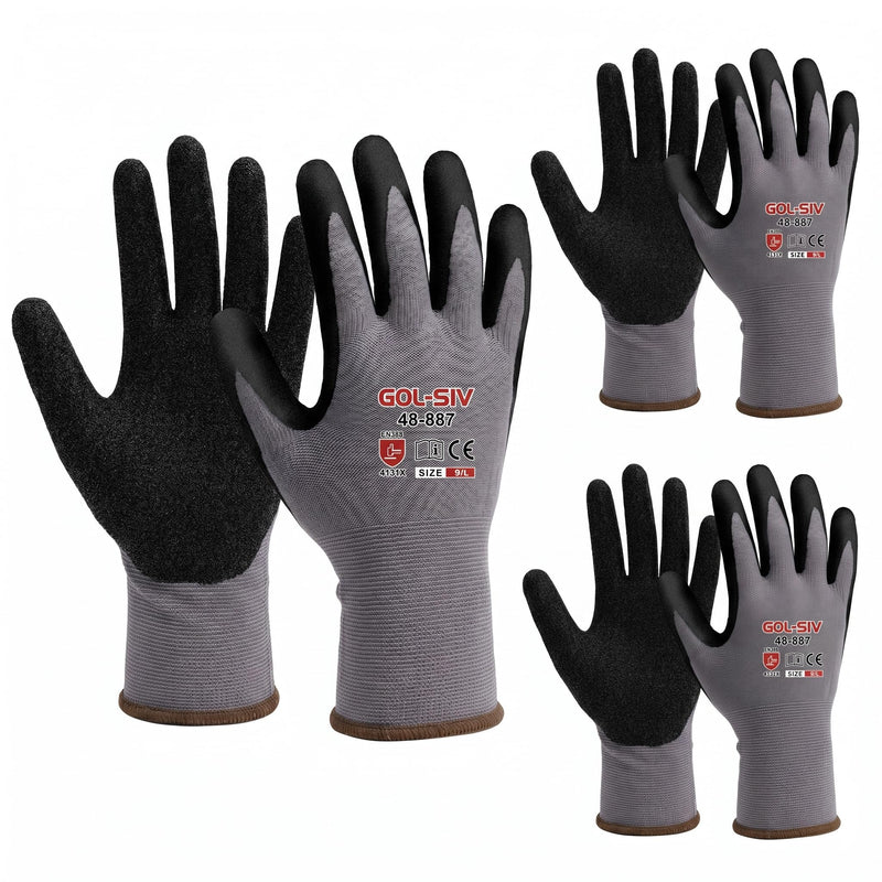 GOL-SIV 15-Gauge Seamless Knit Work Gloves, Micro-Foam Sandy Nitrile Grip for Mechanics & Assembly,High Dexterity, Anti-Slip & High Dexterity, Breathable Open Back (L, 3 pairs)